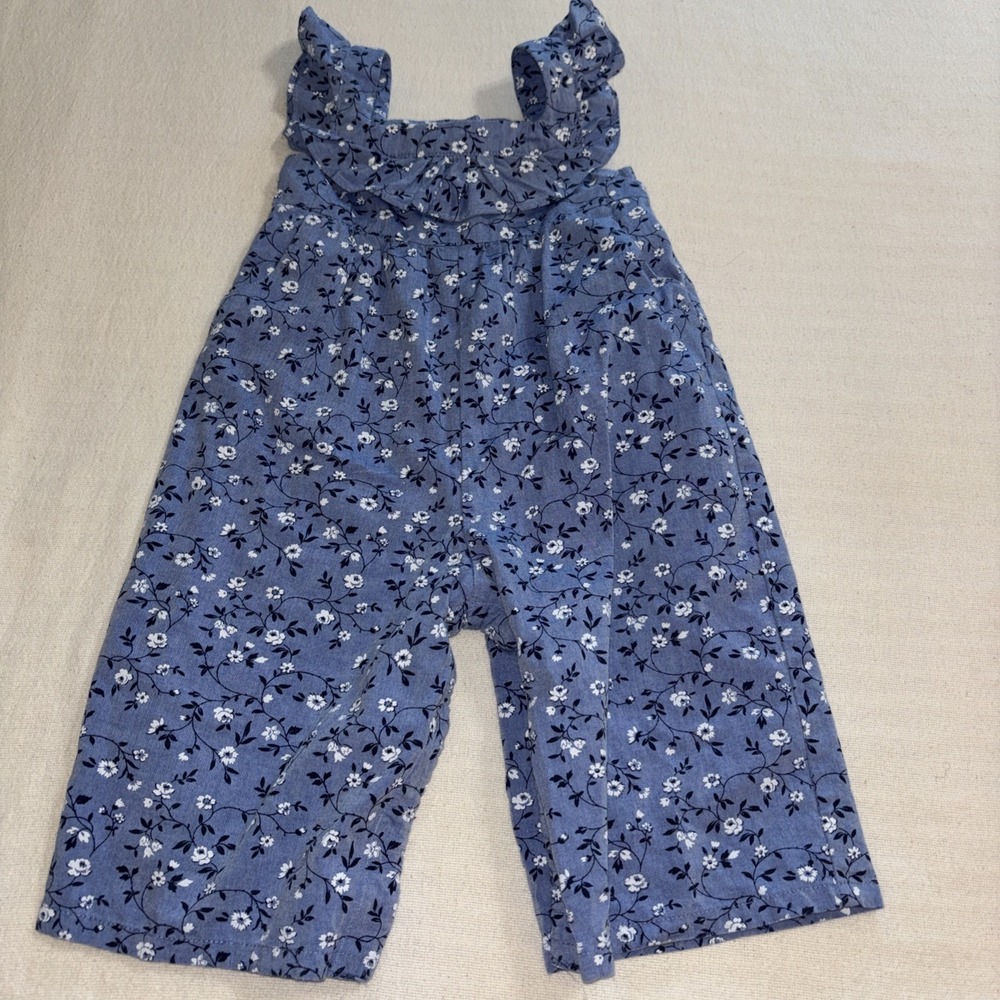 Janie and Jack Blue Floral Ruffle Jumpsuit Girls Size 12-18 Months Lined